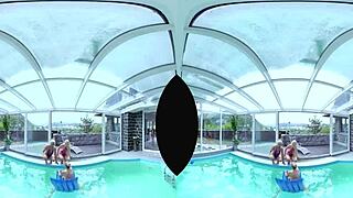 In a sunny poolside foursome, big tits bounce wildly during hardcore group action.