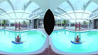 In a sunny poolside foursome, big tits bounce wildly during hardcore group action.