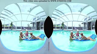 In a sunny poolside foursome, big tits bounce wildly during hardcore group action.