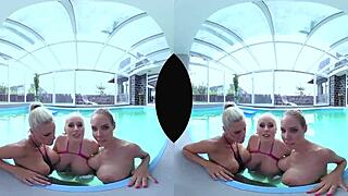 In a sunny poolside foursome, big tits bounce wildly during hardcore group action.
