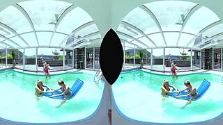 In a sunny poolside foursome, big tits bounce wildly during hardcore group action.