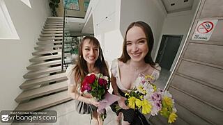 Teen stepsisters tease soldier with double blowjob before riding his huge cock