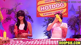 Kinky ebony contestant straps on to pound competitors