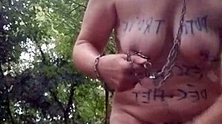 Esclave F Humiliated in Forest with Belt Bondage