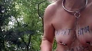 Esclave F Humiliated in Forest with Belt Bondage