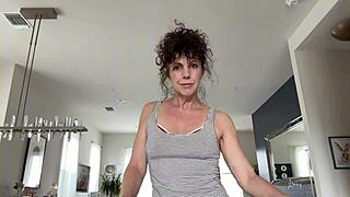 Stepmom receives help with her big clit and wet pussy lips during taboo roleplay striptease