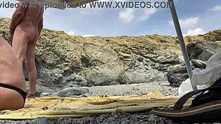 Intense beach sex with two orgasms from masturbation, pussy eating, blowjobs, cum in mouth