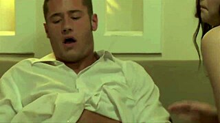 The curvy brunette coed rides the big cock passionately, deepthroating hard on the bed.