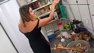 Sarah rosa cooks sexy ground meat with onions in the kitchen