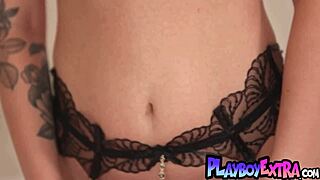 beautiful blonde teen bombshell sky wonderland contrasts her slender curves with softcore striptease