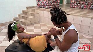 brunette uses feet for suggestive footjob ending with cum all over