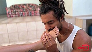 brunette uses feet for suggestive footjob ending with cum all over