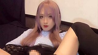 pink-haired crossdressing ladyboy inserts vibrator in anus for masturbation