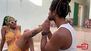 brunette uses feet for suggestive footjob ending with cum all over