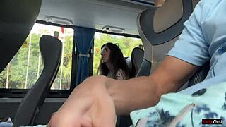 Public dick flashing - risky handjob on bus until cum