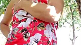 Blonde milf masturbates outside home!