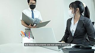 Office Female Manager Attempts to Seduce Her Staff with Anal and Masturbation