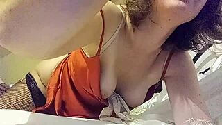 Clothed White Slut in Red Satin and White Satin Panties Endures Doggystyle Fuck POV with Dirty French Talk and Rimming.