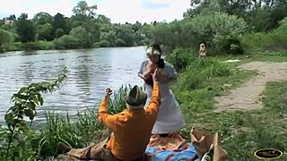 i saw this blonde girl bathing in the river and those two old guys really want to fuck her