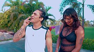 The romantic sexy couple enjoyed passionate sex on their honeymoon in a public place