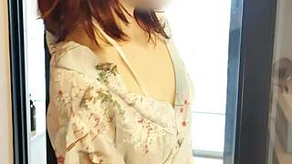 Sexy Kimono Girl Poses Outdoors In College Costume