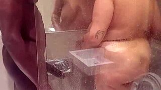 Rosina chokes on Tony's fat cock in hot bathroom blowjob battle