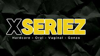 Redhead in black lingerie seduces the camera with her big tits and teasing moves.