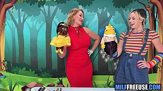blonde milf and teen get used on sesame street set
