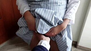 Skinny 18yo schoolgirl with perfect big tits fucks hard after classes in homemade video