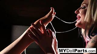 Kayla Jane has Marica on her knees worshipping those sexy stockinged feet at work?