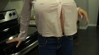 redhead wife titty fucks and pussy rides big tits bouncing in kitchen pov