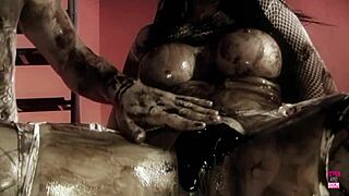 A naughty brunette oils up in lingerie heels and stockings then rides cowgirl fucks missionary licks pussy and takes it doggystyle bent over