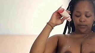 Curvy bbw ebony thando spreads fat pussy for dildo squirting