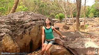 Ladyboy's Tiny Tits Bare for Intense Outdoor Jerk Off Cumshot