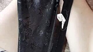 Gretala rubs thong on her sexy barefoot ebony feet