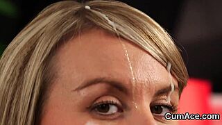 Sexy centerfold bombshell kneels for blowbang bukkake facial swallowing every jizz load