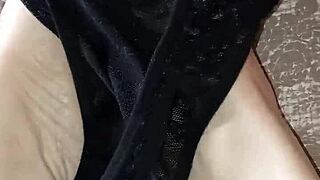 Gretala rubs thong on her sexy barefoot ebony feet