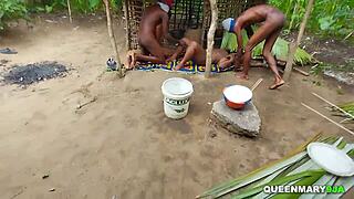 grandma's hut party has chubby ebony granny riding skinny cocks creampie frenzy