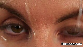 Sexy centerfold bombshell kneels for blowbang bukkake facial swallowing every jizz load