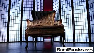 brunette babe romi rain spreads wide cramming huge dildo deep in pussy solo