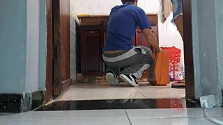 Cheating Wife in Skirt No Panties Fucks Plumber While Hubby Ignores