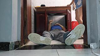 Cheating Wife in Skirt No Panties Fucks Plumber While Hubby Ignores