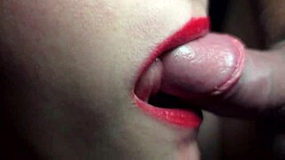 Close-Up Red Lips Suck Pulsating Cock to Sloppy Cum Swallow
