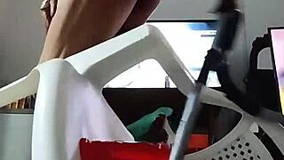 Tranny slut in lingerie rides dildo and gets super horny!