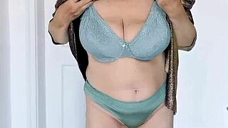 granny strips out of lingerie for titty fuck blowjob and huge cumshot blast