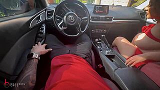 she climbs on brandon cruz's cock in the car while naty delgado watches her boyfriend