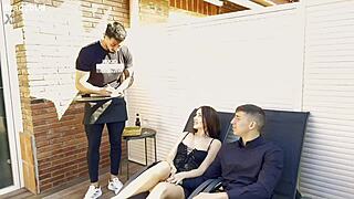 Mary Rock Fucked by BF and Waiter