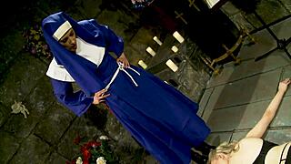 Naughty nun Angel Long fucks Katie K's pussy dry for cum facial domination