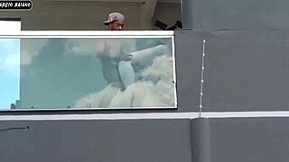 Black stud with monster cock makes her ride then creampie after ass licking balcony fun?