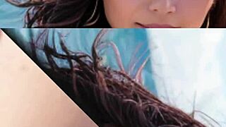 mature model strolls beach in suggestive pose